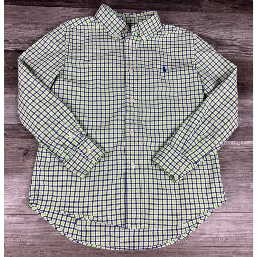 Polo Ralph Lauren Boys Size 7 Green Navy Gingham Check Cotton Button Down Shirt